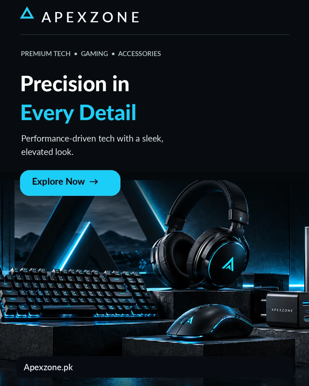 Precision in Every Detail. A gaming headset, keyboard and mouse on a dark desk — premium tech, gaming and accessories. Explore now.